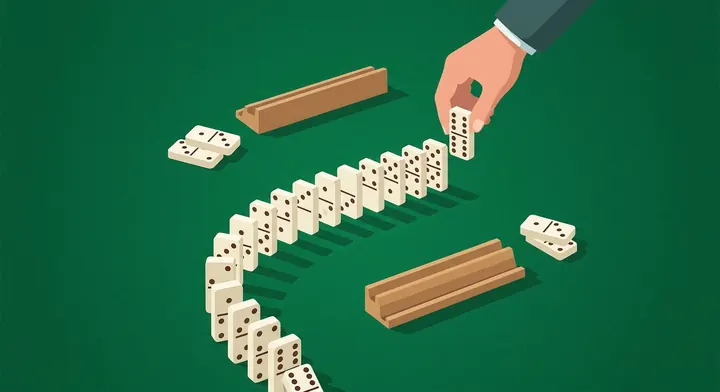 A player placing their final domino to go out and win the hand in All Fives Dominoes