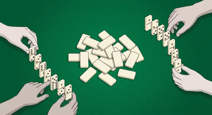 A shuffled double-six set face down with a hand of seven dominoes being drawn from it in All Fives Dominoes