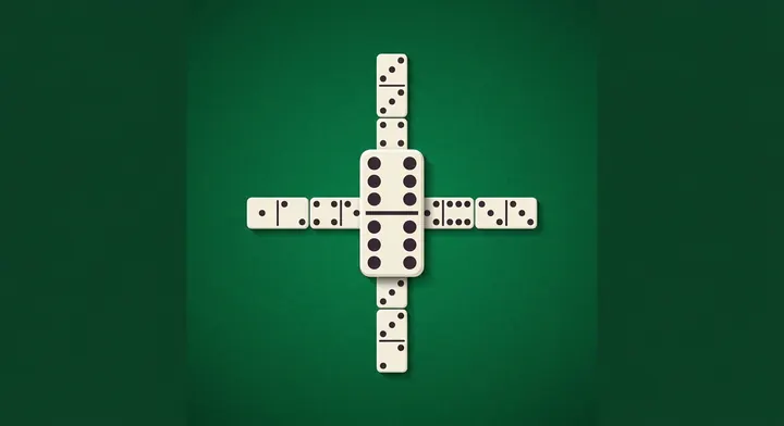 A double laid crosswise as the spinner with tiles branching off all four arms in All Fives Dominoes